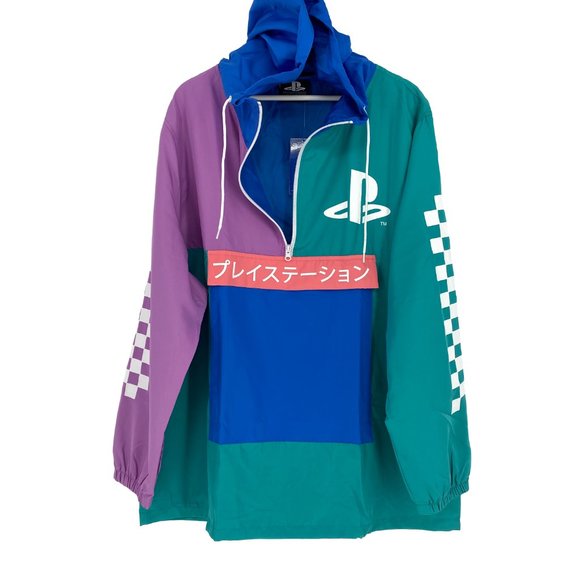 PLAYSTATION Bioworld Pastel Colorblock Checkered Long Sleeve Hooded Windbreaker - Picture 4 of 16